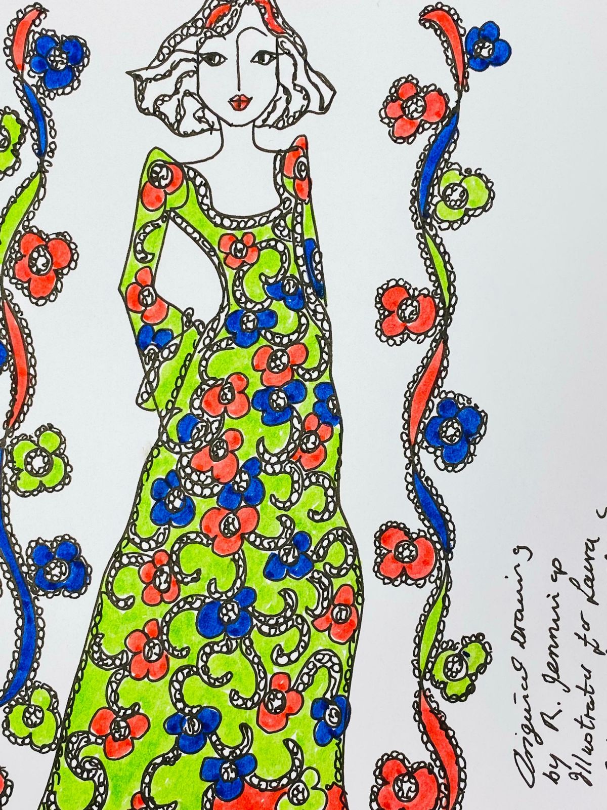 Roz Jenningsoriginal Fashion Design Illustration Watercolor Painting Laura Ashley Designerc. 2000's photo for sale