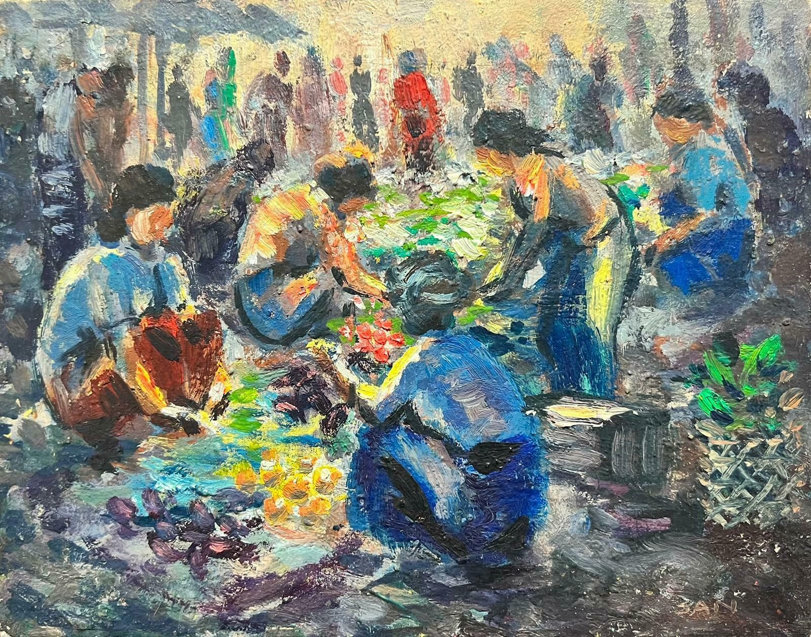 French School Mid 20th Century French Impressionist Oil Fruit & Vegetable Sellers Busy Market photo furniture