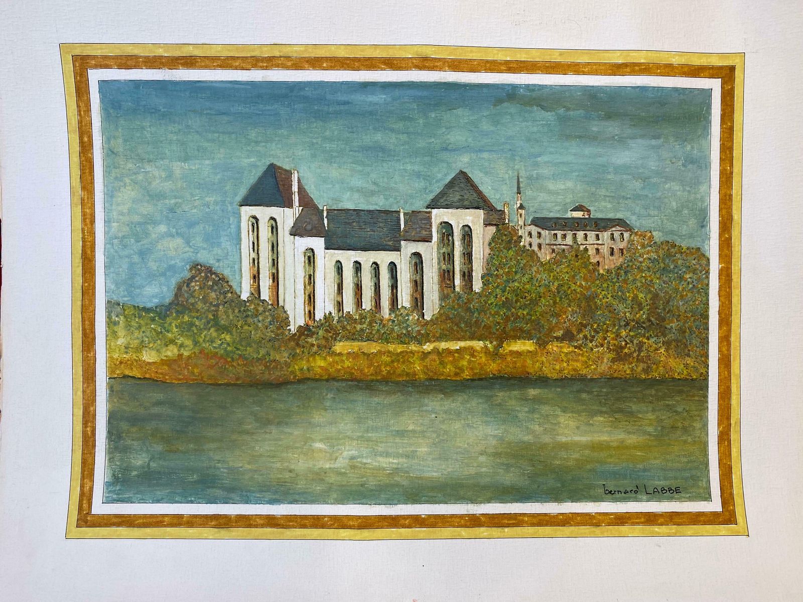 Bernard Labbe1950's Modernist Signed Painting    Large French Building Over River1950's photo furniture