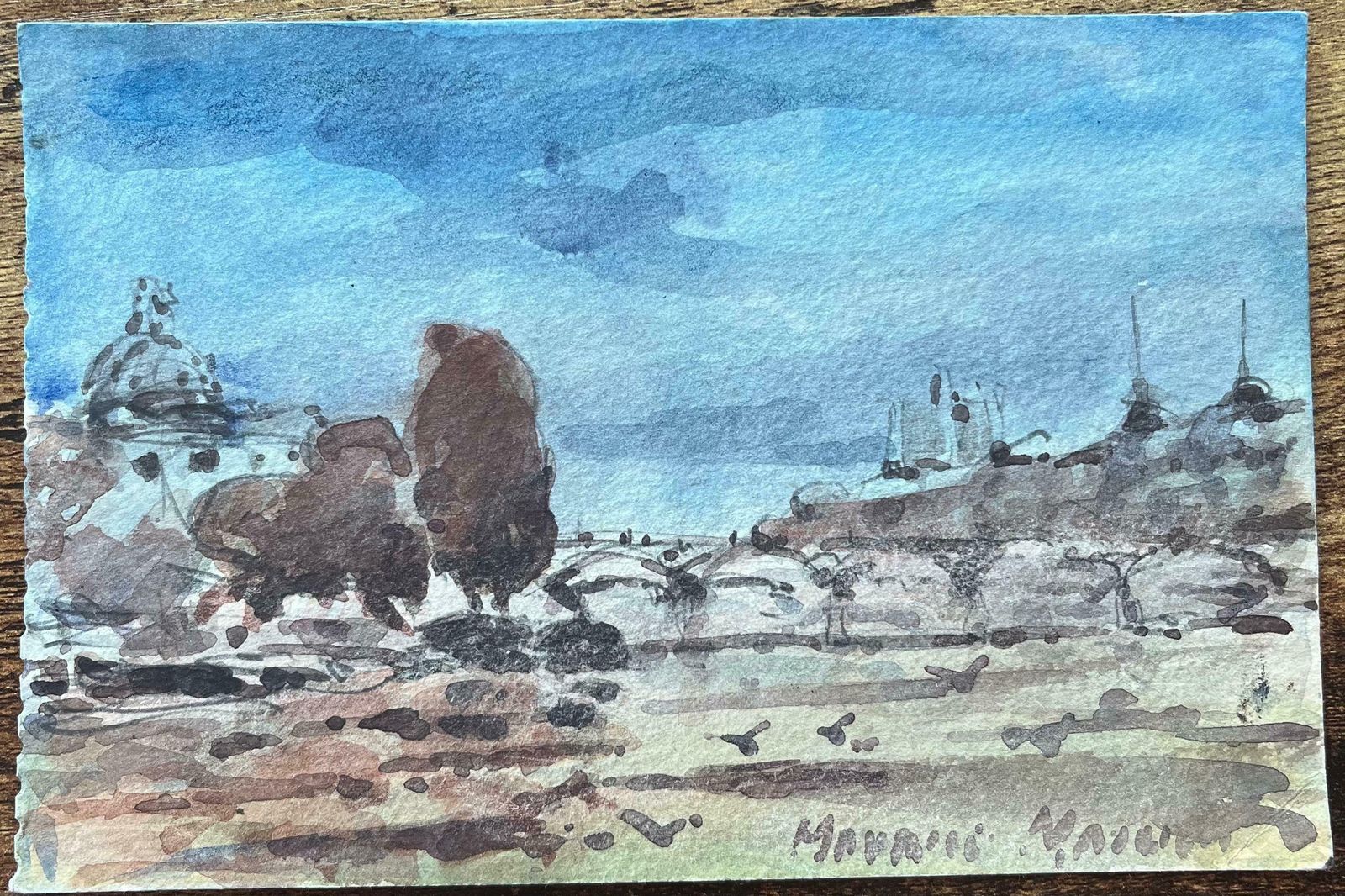 Maurice Mazeiliefrench Impressionist Watercolor Of Paris Riverbank Scene With Dome20th Century photo furniture