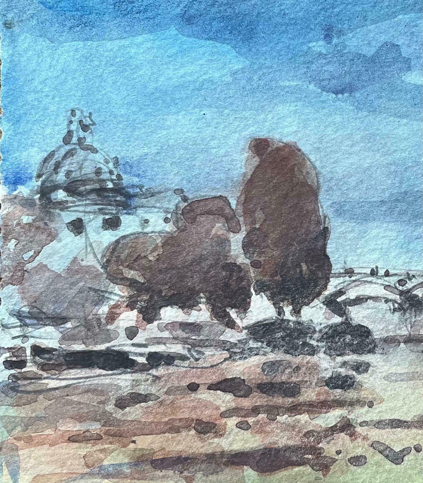 Maurice Mazeiliefrench Impressionist Watercolor Of Paris Riverbank Scene With Dome20th Century photo Art