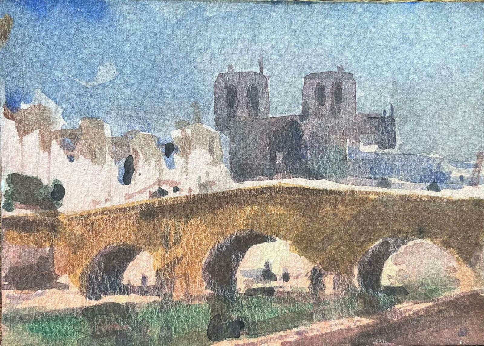 Maurice Mazeiliefrench Impressionist Watercolor Of Paris Riverbank Scene Notre Dame And Bridge20th Century