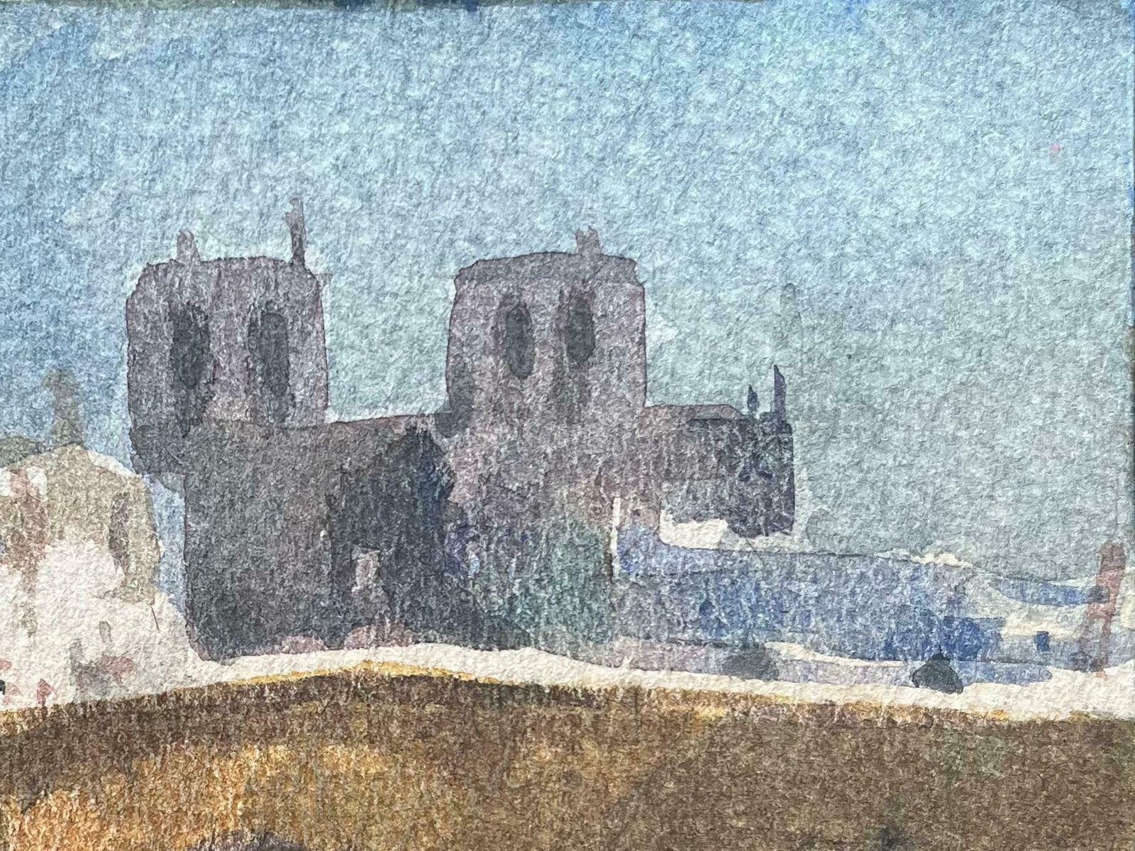 Maurice Mazeiliefrench Impressionist Watercolor Of Paris Riverbank Scene Notre Dame And Bridge20th Century photo for sale