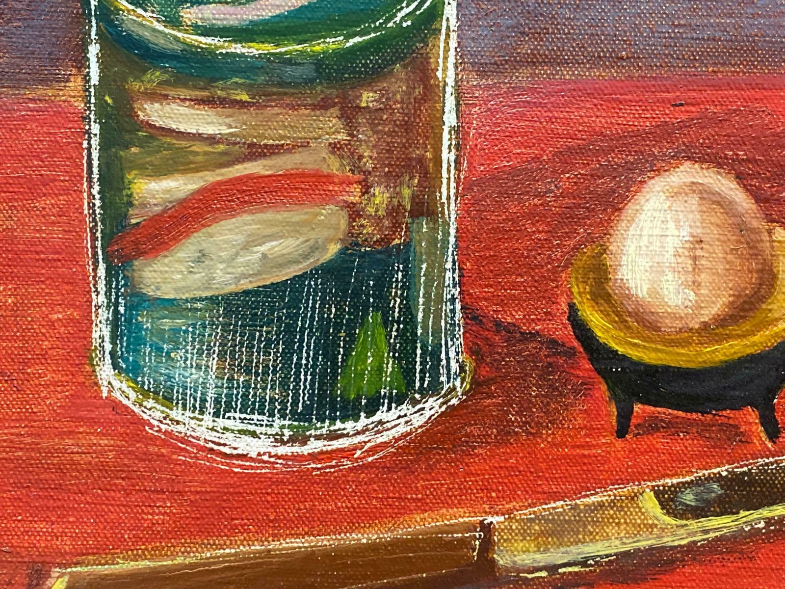 Unknownvintage French Modernist Oil   Still Life Kitchen Objects On Red Table photo Art