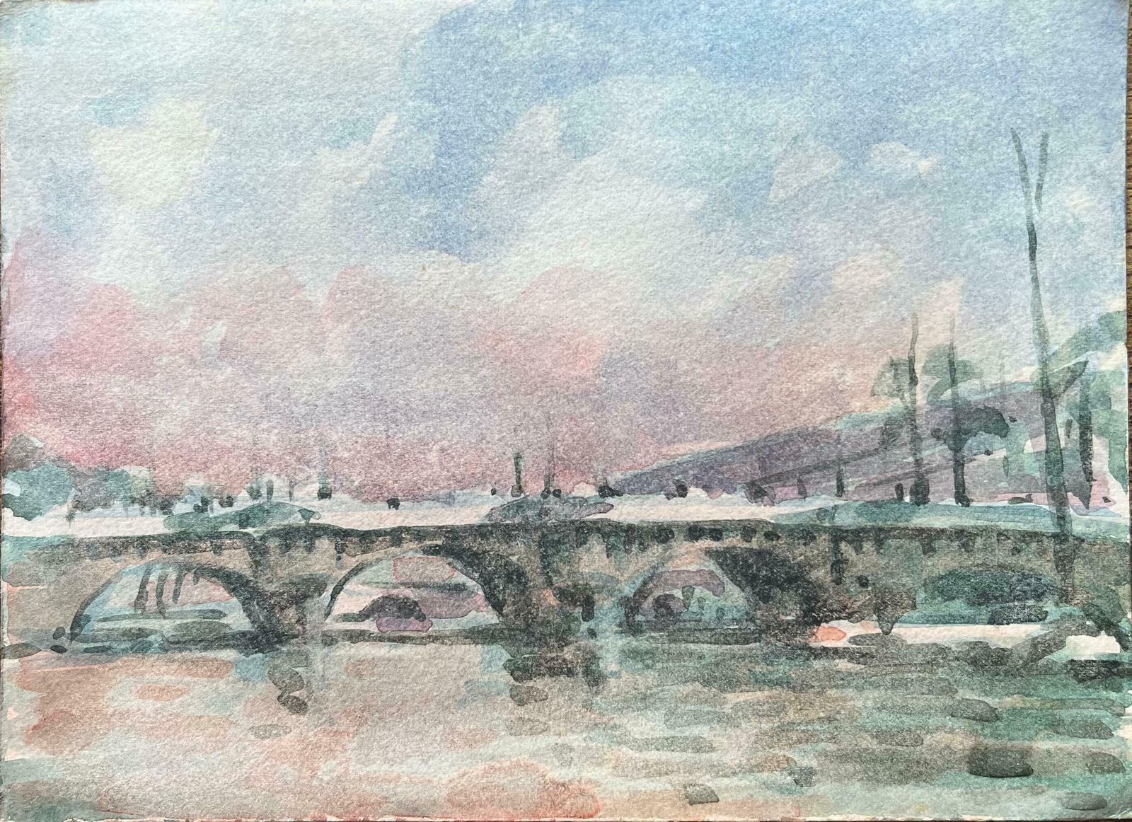 Maurice Mazeiliefrench Impressionist Watercolor Of Parisian Bridge At Sunset20th Century