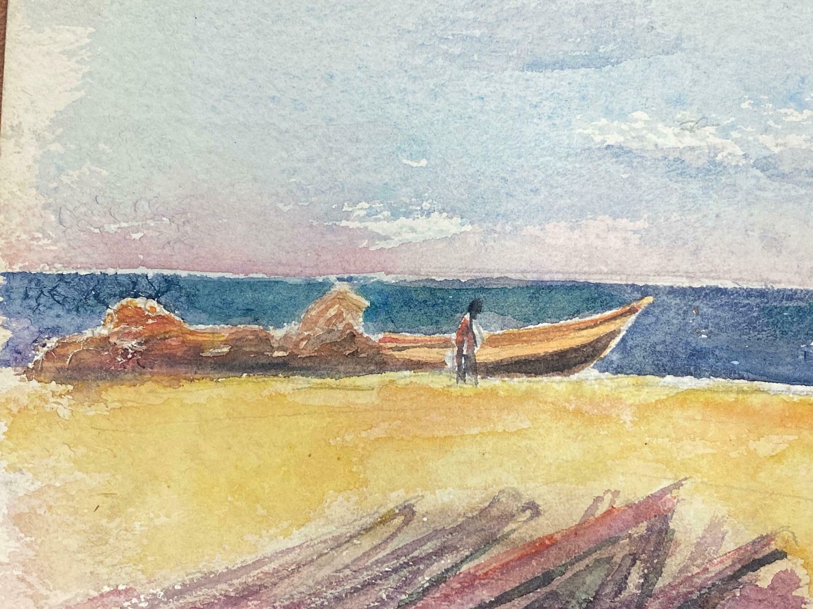 Akos Birofigure On Sandy Beach Boat & Dog, French Expressionist Original Paintingc.1980s photo for sale