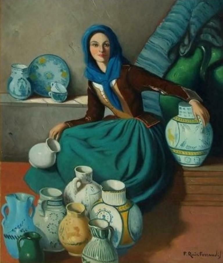 Francisco Ruiz Ferrandis (1909 1992)beautiful Spanish Signed Oil   The Pot Seller. Portrait Of A Lady, Greens & Tealc. 1950's