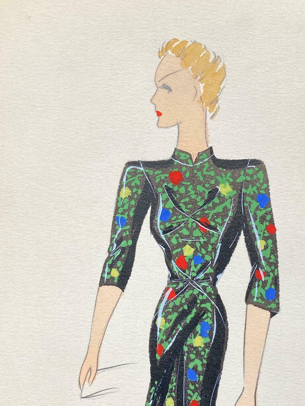 Unknown1930's Original Parisian Fashion Illustration Watercolor Black Oriental Dressc. 1930's photo 153.0