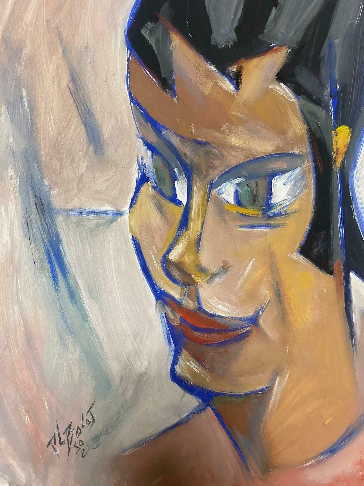 Unknown20th Century French Modernist Gouache Painting Portrait Of Sophisticated Woman 1980 photo furniture