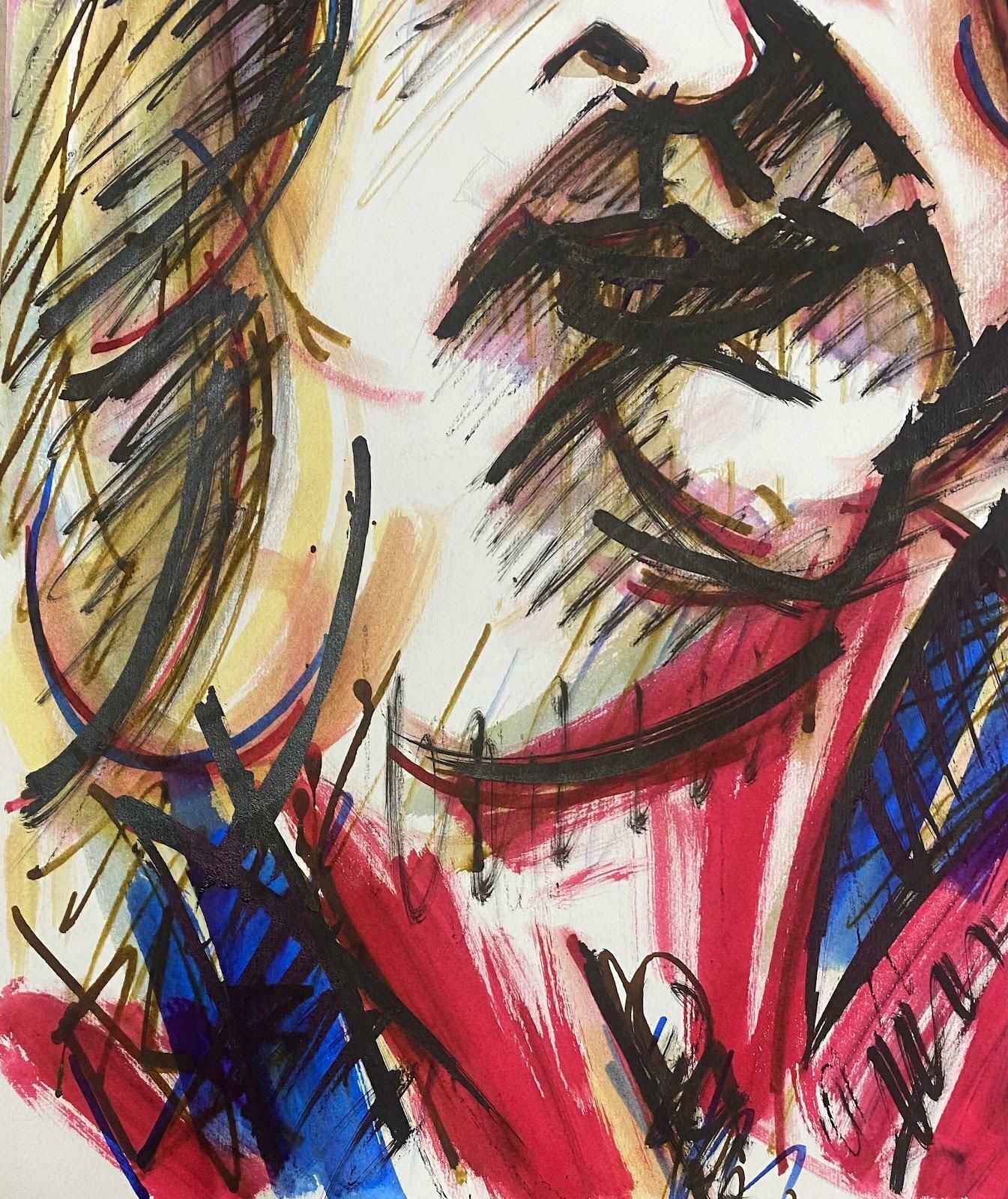 Unknown20th Century French Modernist Gouche Painting Pink Wacky Portraitc. 1980 photo for sale