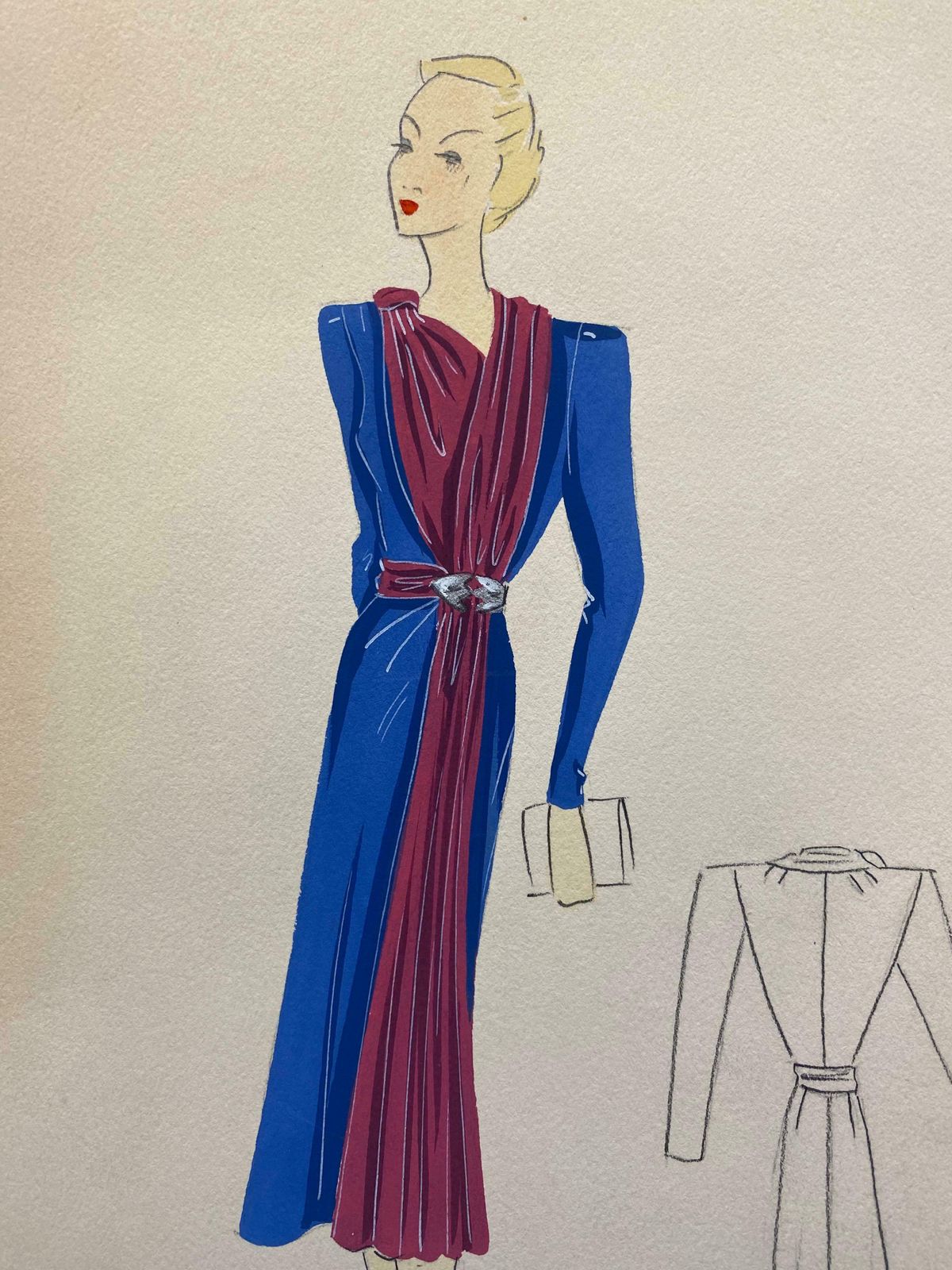 Unknown1930's Original Parisian Fashion Illustration Watercolor Pink And Blue Dressc. 1930's photo furniture