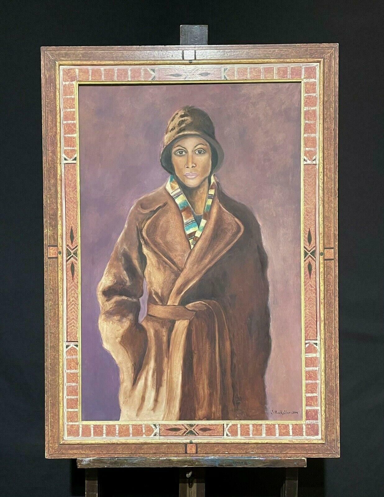 J. Mackeller Very Large Signed Oil Portrait Of Lady In Vintage Coat & Hat   Dated   Framed2005 photo Art