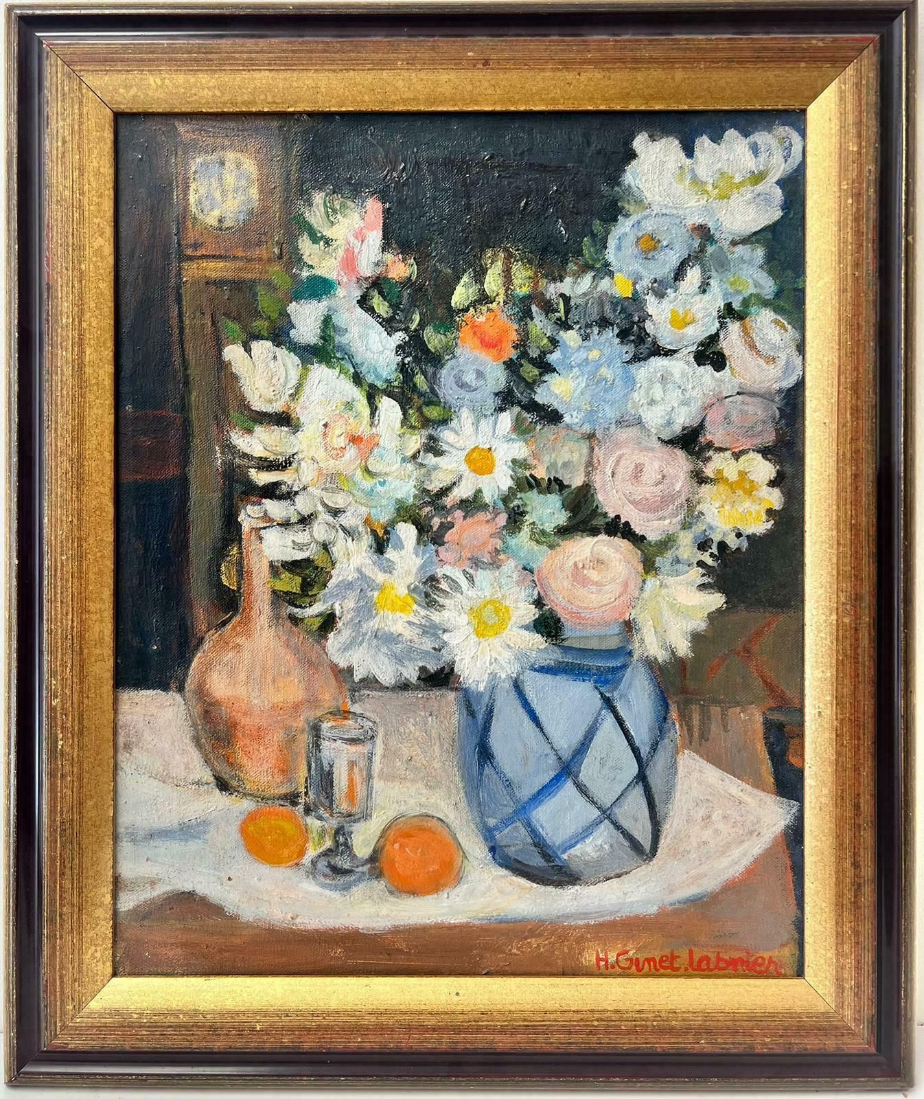 Huguette Ginet Lasnier Flowers In Vase French Modernist Signed & Framed Oil Painting On Canvasc. 2000's photo furniture
