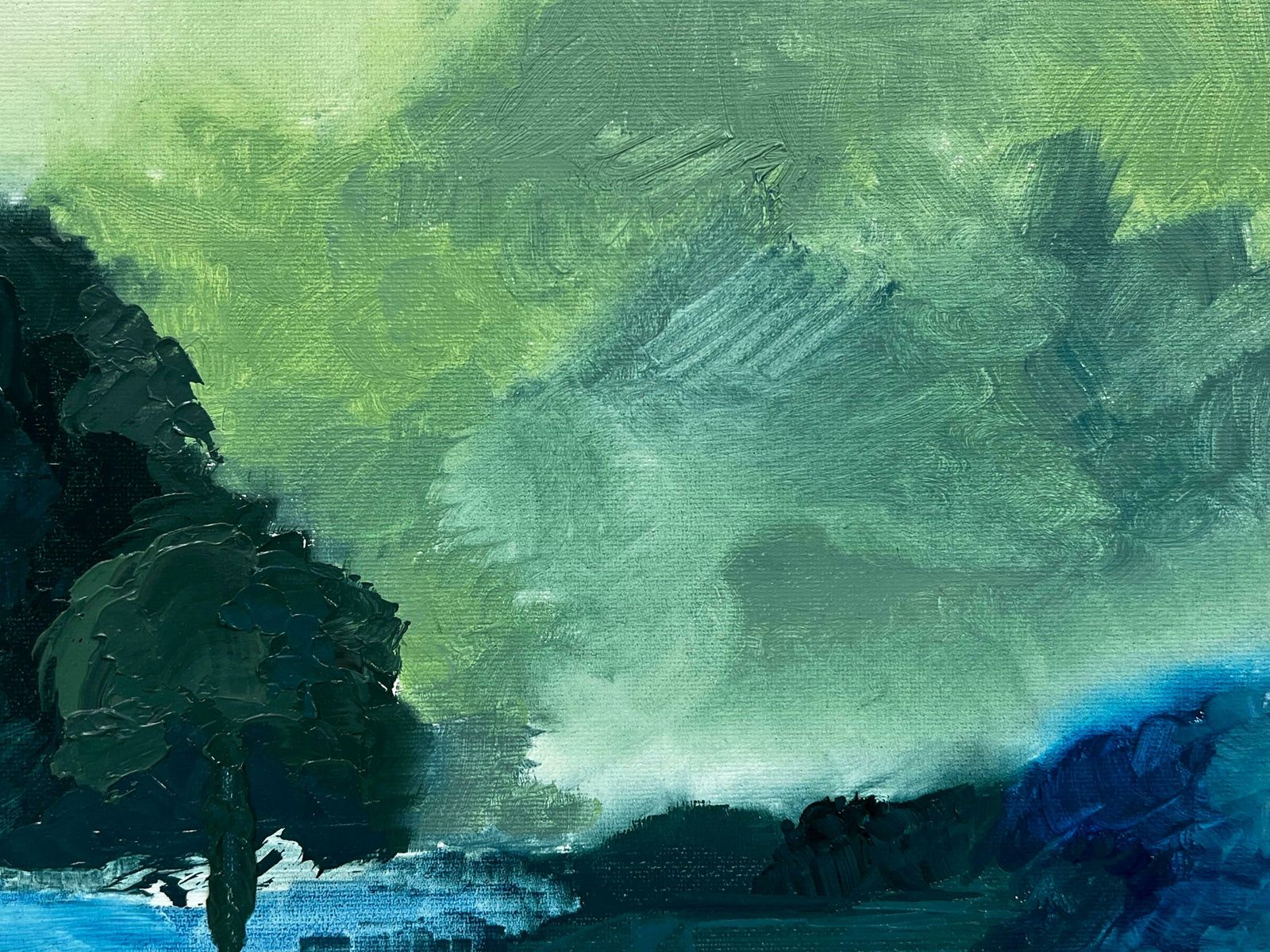 British Contemporaryatmospheric Moody Blue Landscape With Tree & Pond Brooding Skies, Modern Art photo for sale
