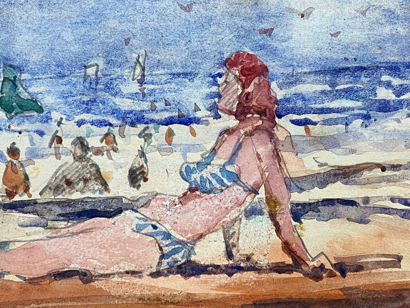 Maurice Mazeiliefrench Impressionist Watercolour   Lady In Bikini Sunbathing photo furniture