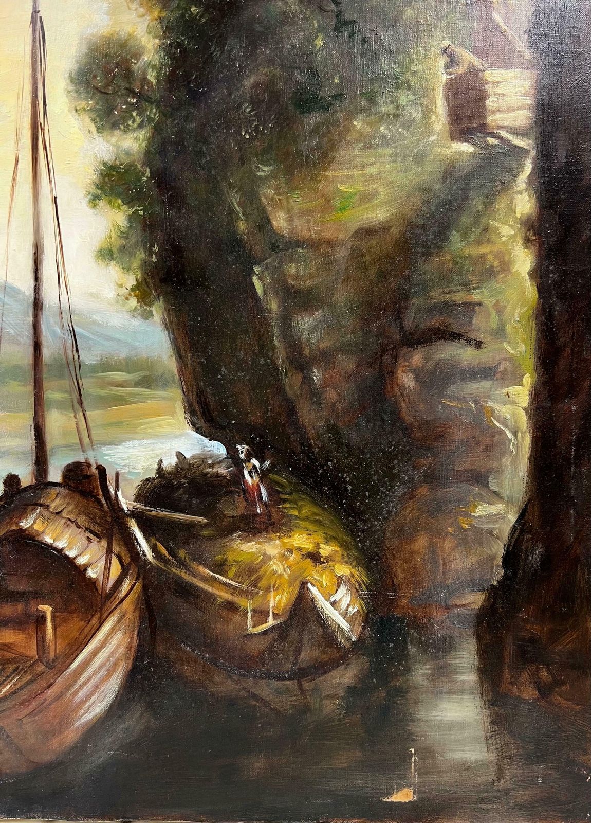 20th Century French Schoolfrench Oil Painting Tranquil River Scene With Ferry Boats Next To Old Buildings photo vinterior