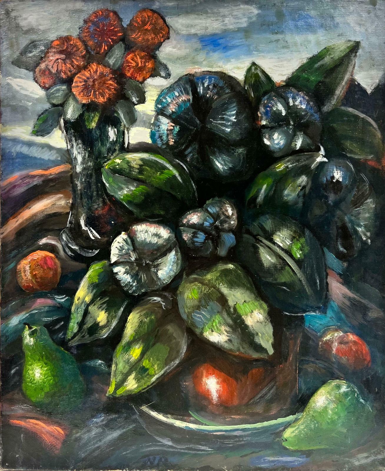 French School1940's French Modernist Signed Oil Pears & Flowers, Monte Carlo Show Exhibited1944