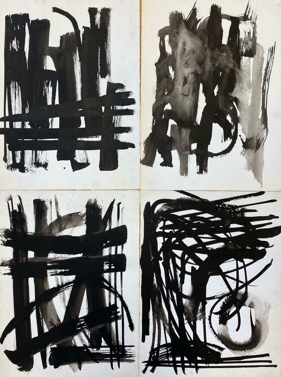 Claude Lagoucheset Of 4   Original 1970's French Abstract Black & White Paintingsc. 1970's