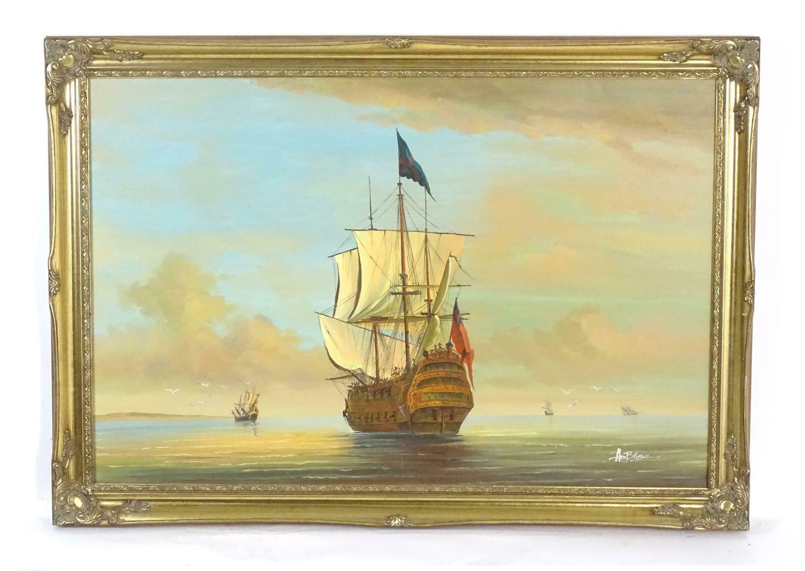 Continental Schoolvery Large Oil Painting Napoleonic Wars Ship Anchored In The Sunrise Sea20th Century