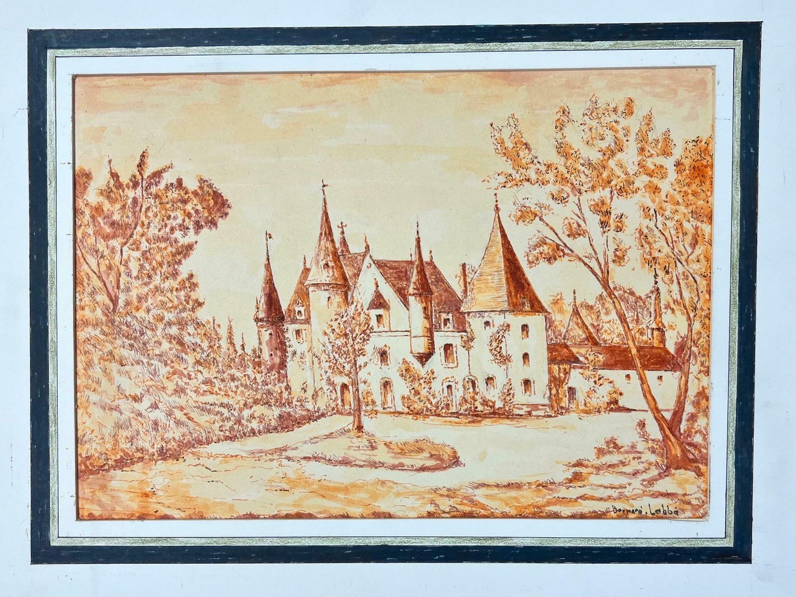Bernard Labbe1950's Modernist/ Cubist Painting   Orange Autumnal French Chateau1950's