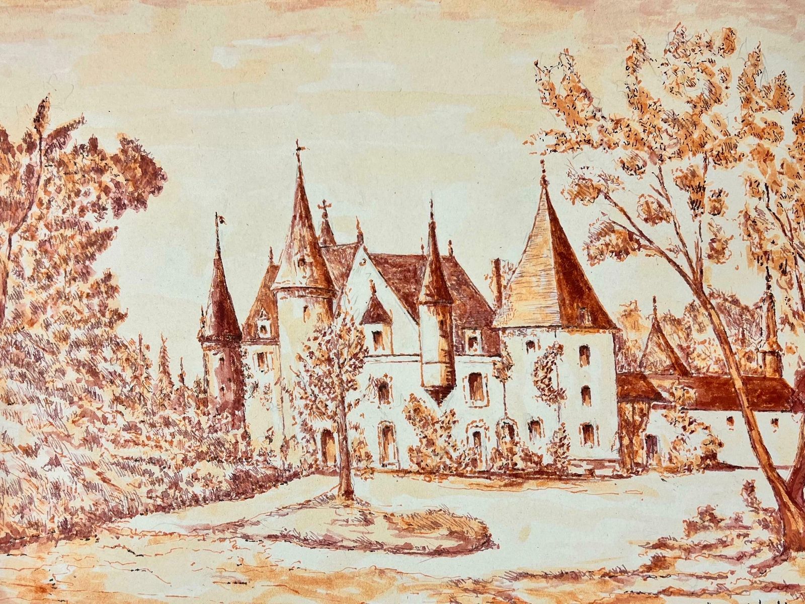 Bernard Labbe1950's Modernist/ Cubist Painting   Orange Autumnal French Chateau1950's photo for sale