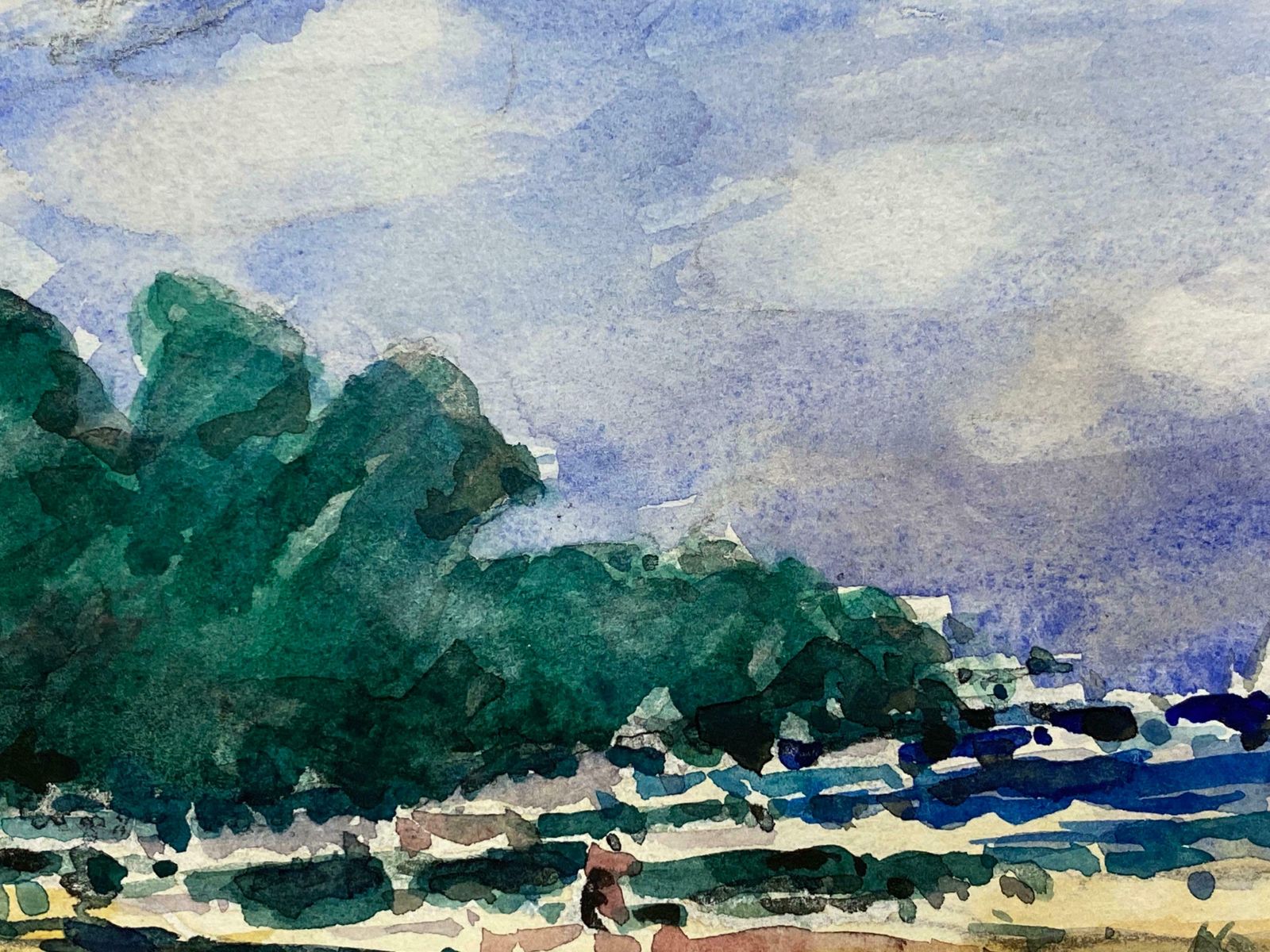 Maurice Mazeiliefrench Impressionist Watercolour   Bright Blue Summers Day Over Beach photo Art