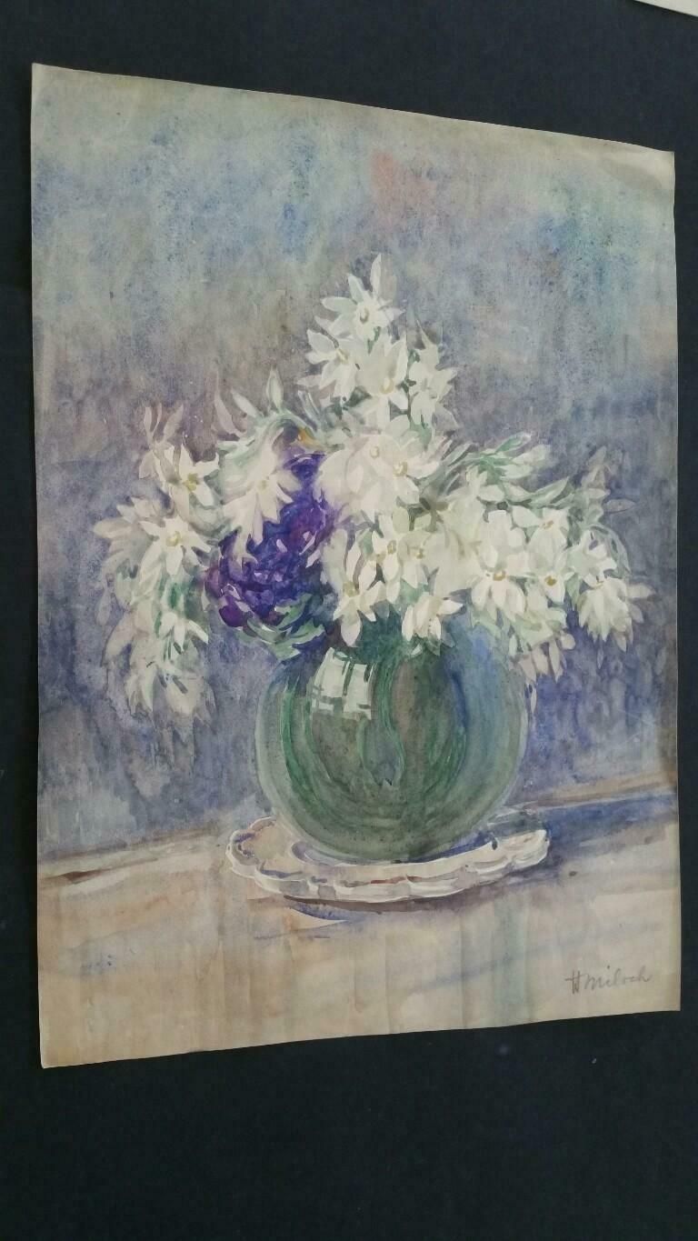Henri Milochfrench Watercolour Ecole De Paris Mid 20th Century White Flowers 1940's photo vinterior