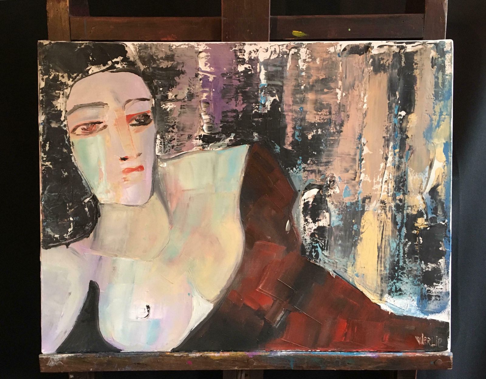 Beatrice Werliecontemporary French Modernist Portrait Lady In Red Oil Painting Signedc.2000 photo furniture