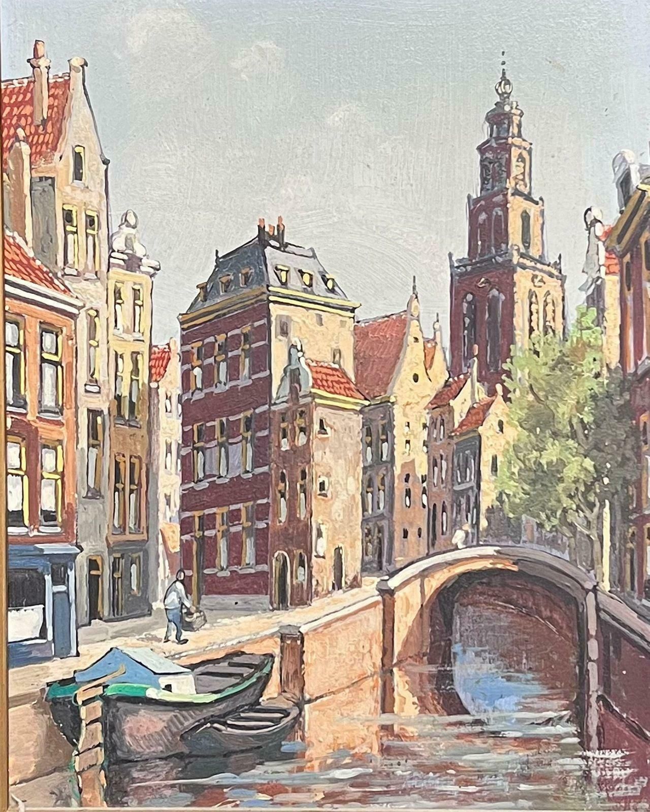 Dutch Schooldutch Bridge & Canal Amsterdam Back Streets Framed Oil Painting photo furniture