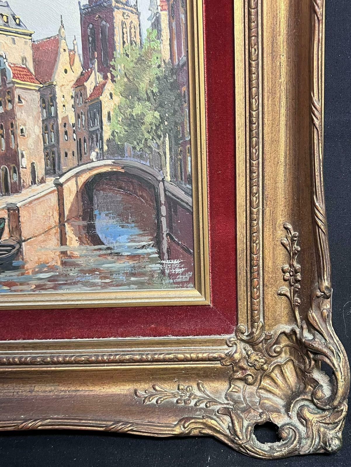 Dutch Schooldutch Bridge & Canal Amsterdam Back Streets Framed Oil Painting photo vinterior