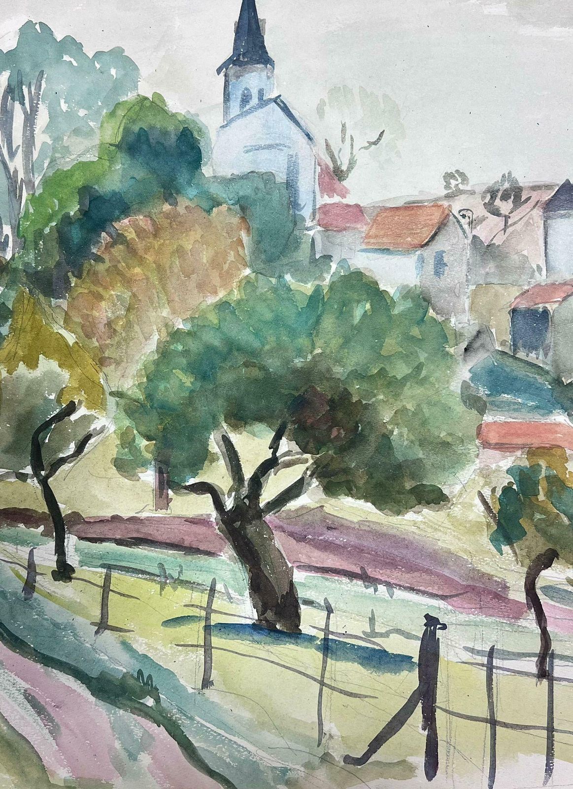 Guy Nicod Mid 20th Century Post Impressionist Painting Gated Field Behind French Town photo furniture