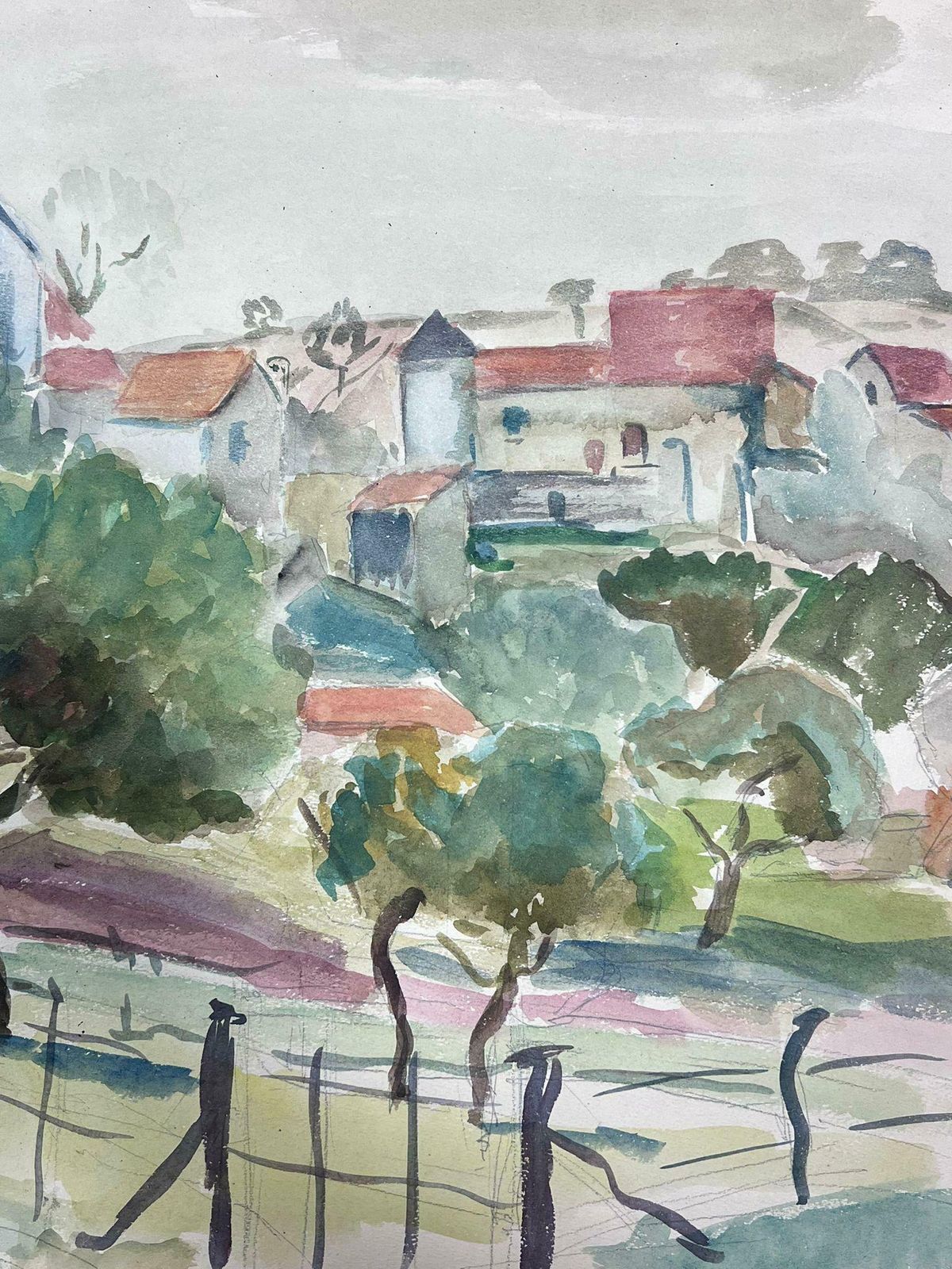 Guy Nicod Mid 20th Century Post Impressionist Painting Gated Field Behind French Town photo for sale