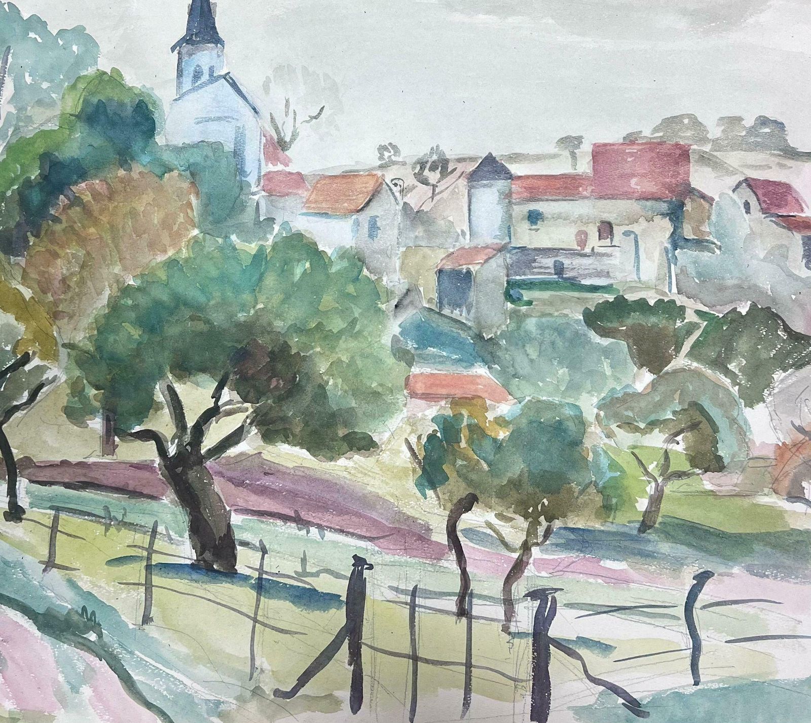 Guy Nicod Mid 20th Century Post Impressionist Painting Gated Field Behind French Town photo Art