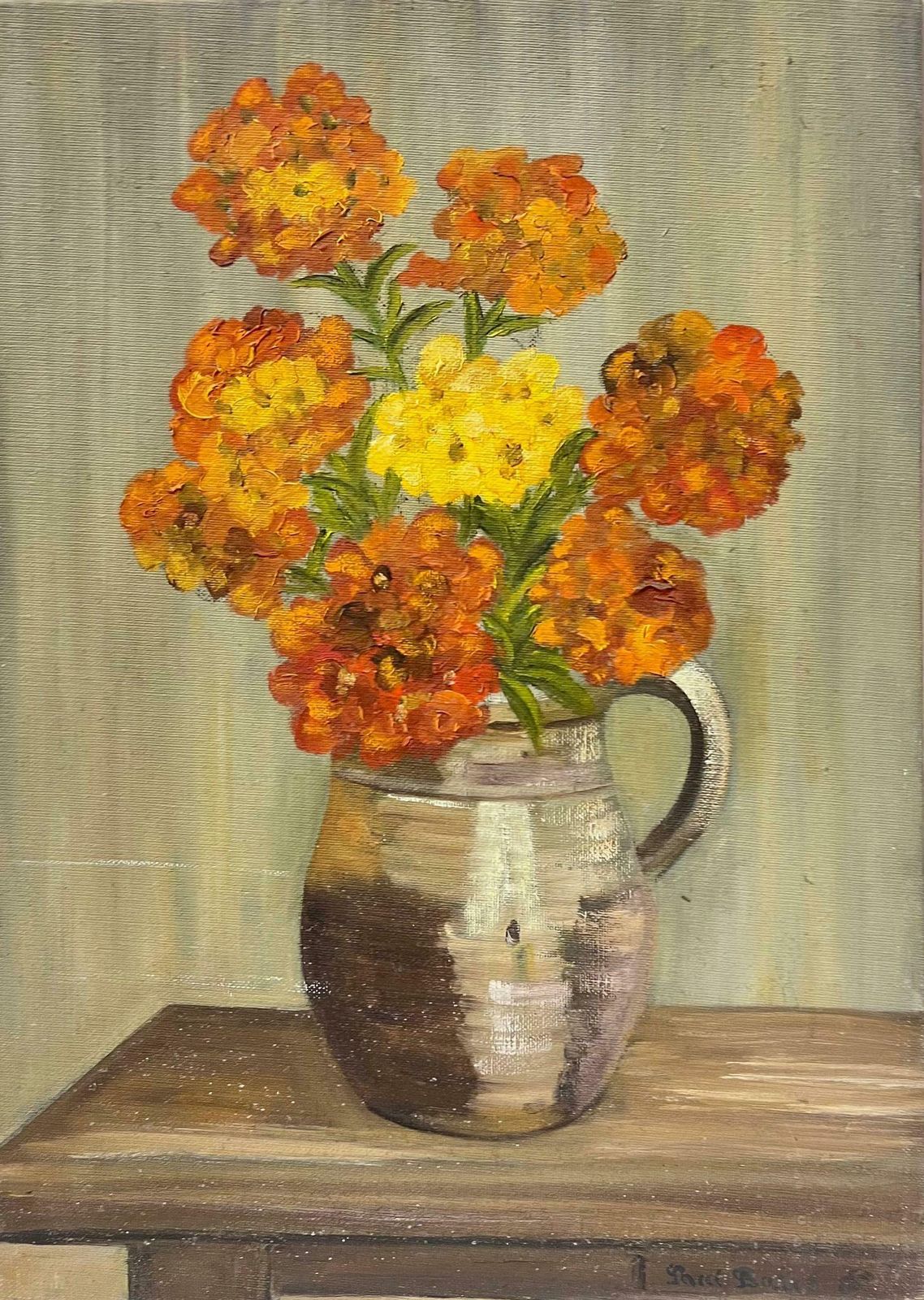 French Schoolorange And Yellow In Stone Vase On Oak Table Interior Painting