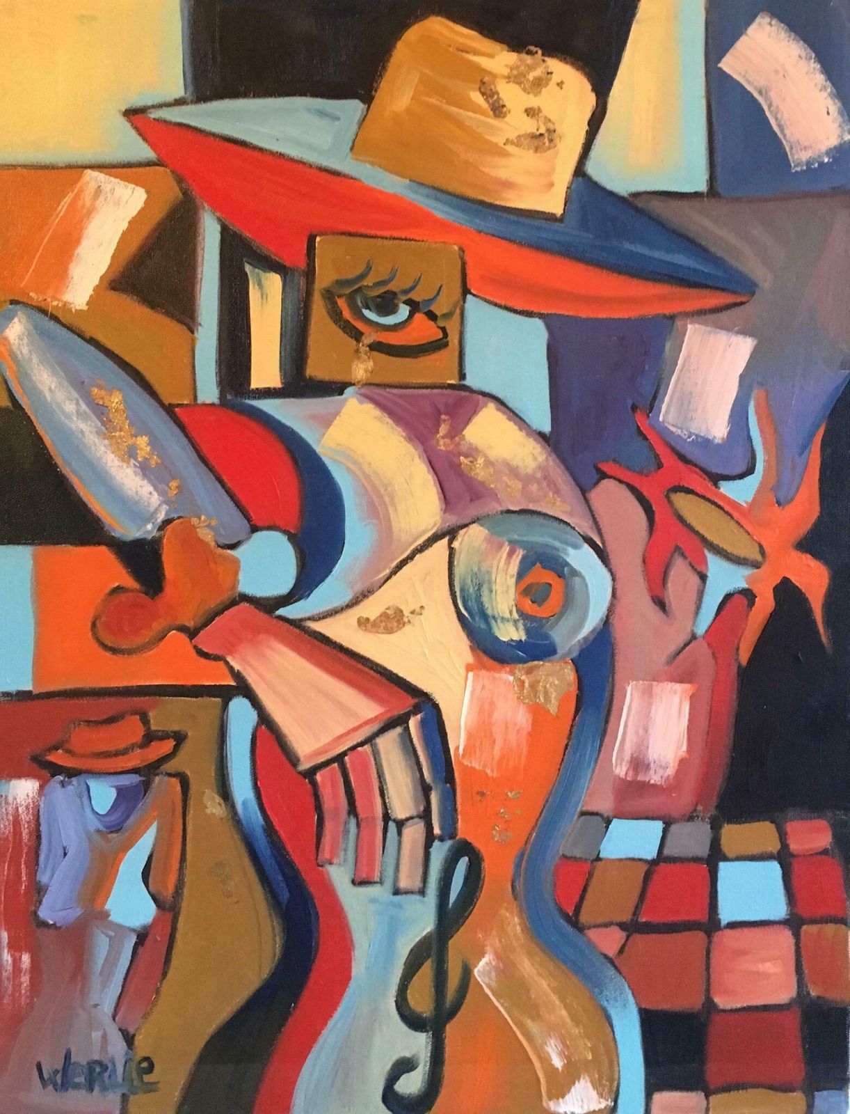 Beatrice Werlielarge French Abstract Picasso Style Red Colour Original Oil Painting Signed C.2000