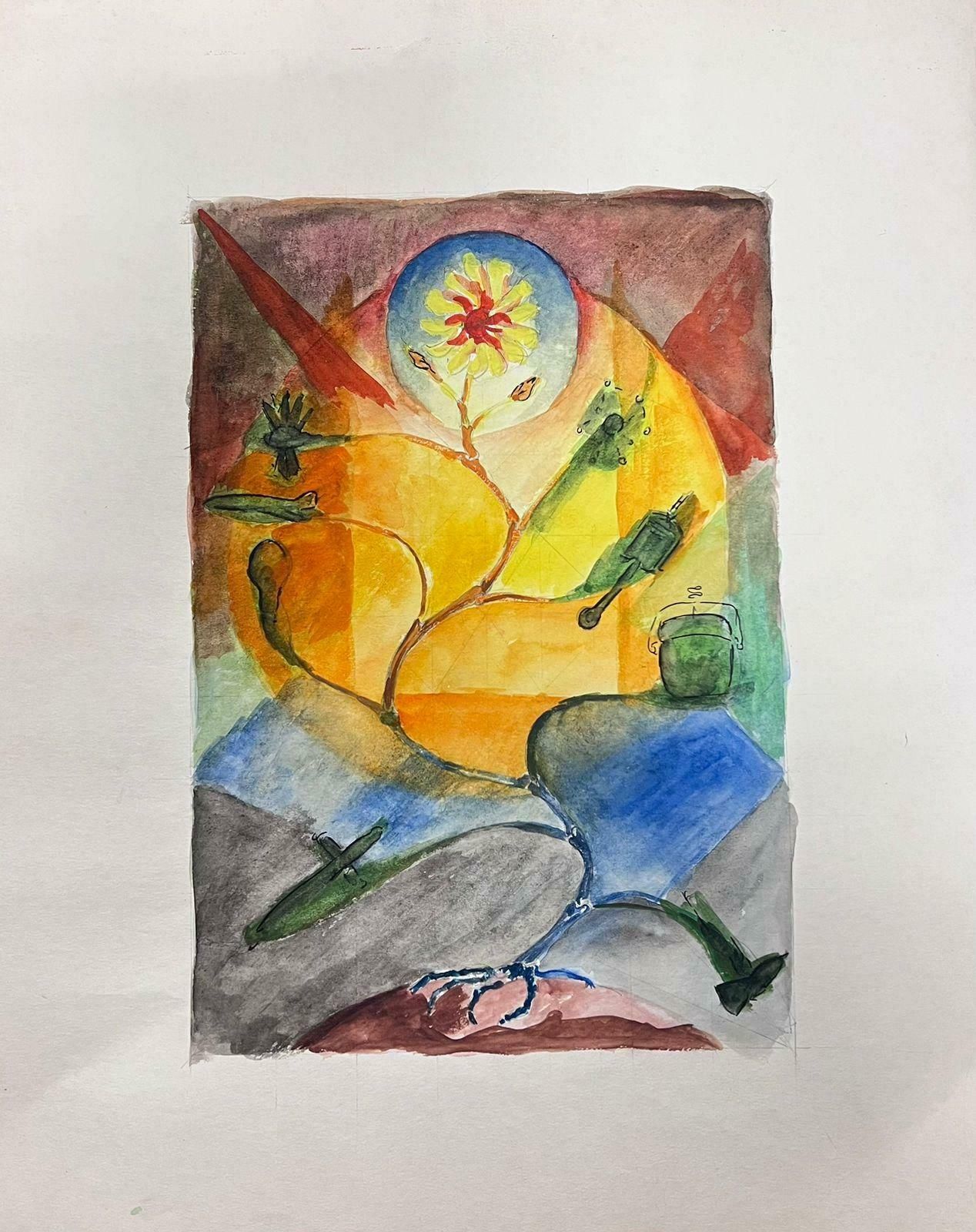 Guy Nicod 20th Century French Modernist Sunflower Roots Watercolour Painting photo furniture