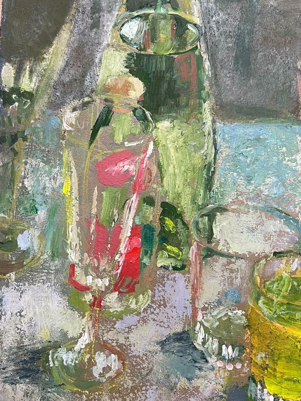 Helen Greenfieldcolourful Glasses On Blue Table 20th Century British Modernist Oil Painting photo for sale
