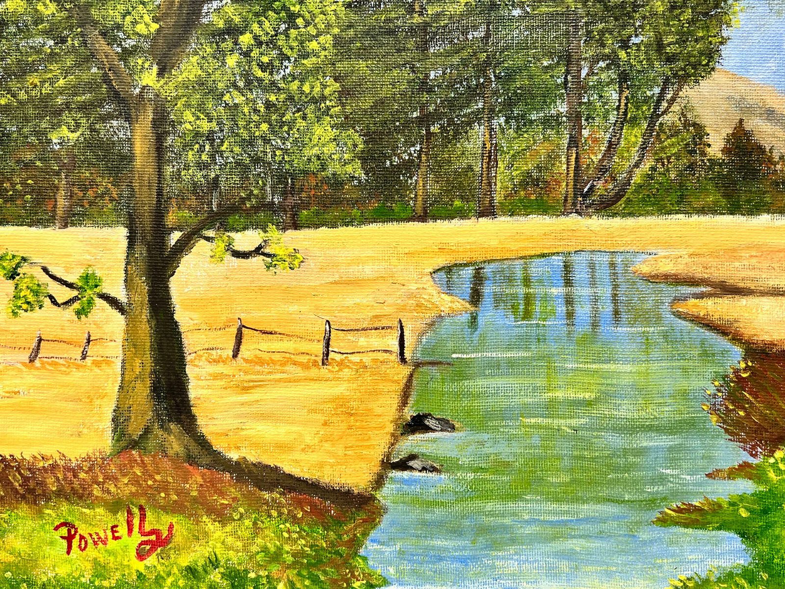Ben Powellcontemporary Welse Naive Oil Painting Cottage In Valley Beside Stream photo Art