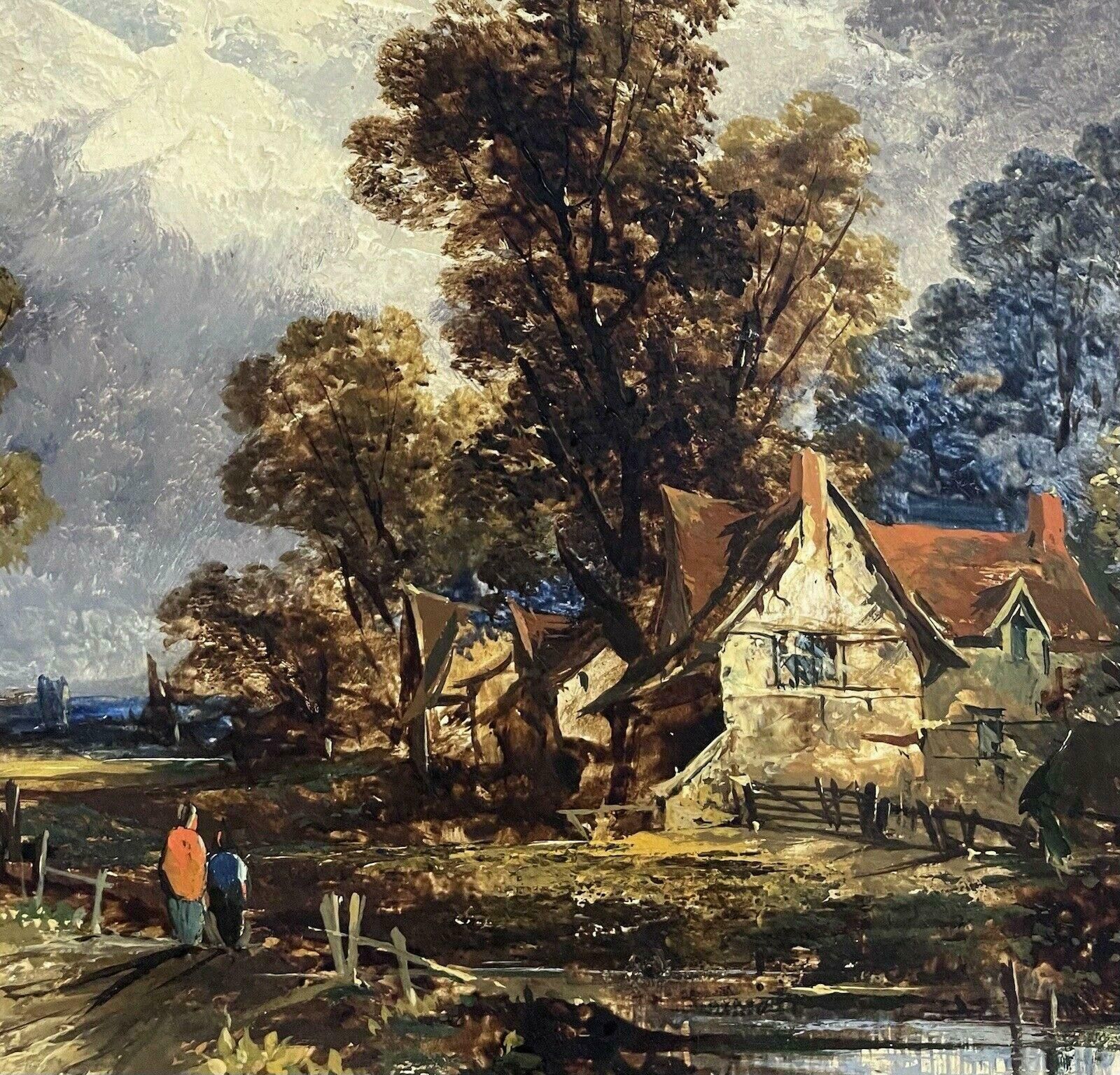 Victorian Oil Follower Of John Constable Rural River Landscape With Figures C. 1850's photo Art