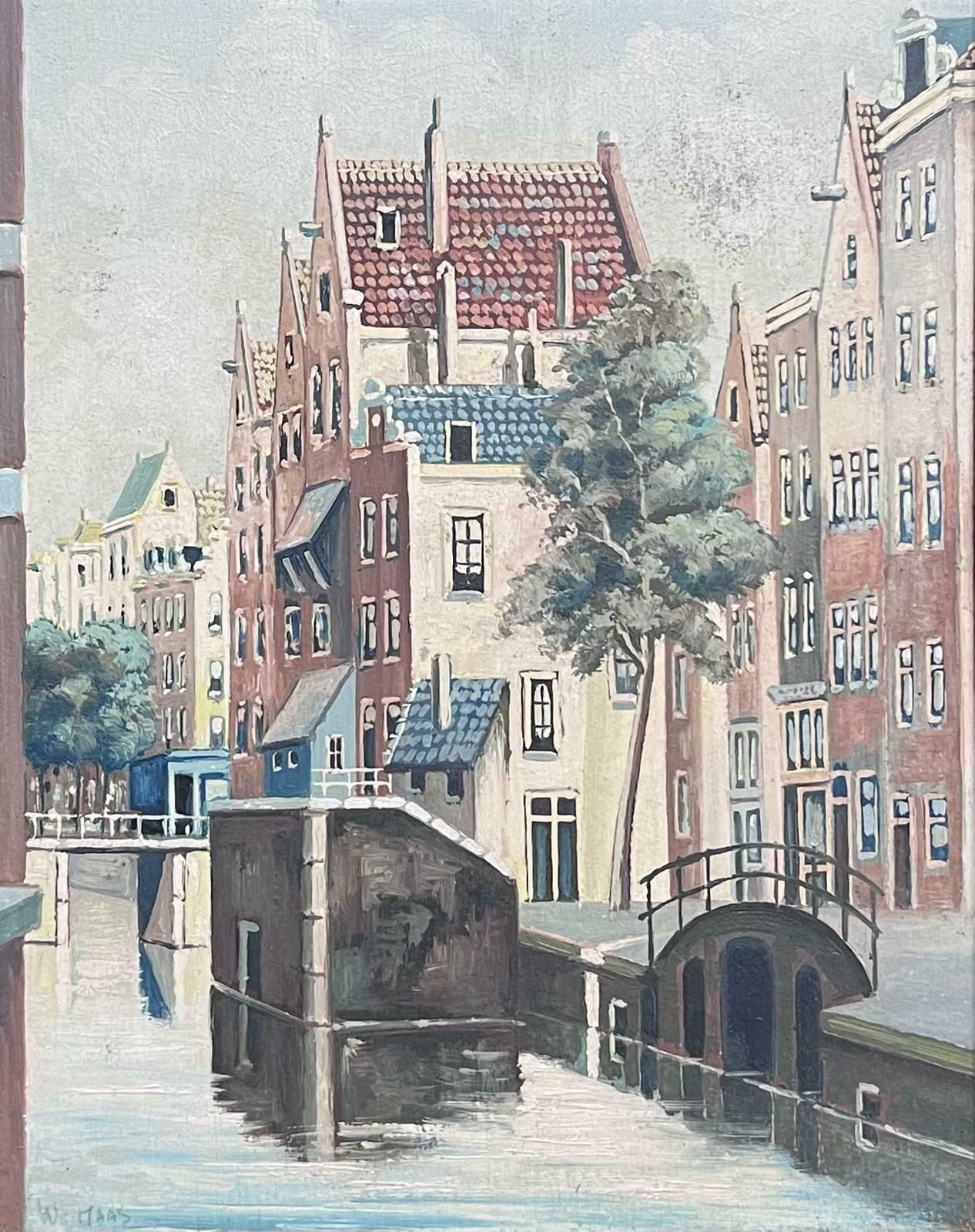 W. Maascanal View In Amsterdam Tranquil Cityscape Dutch School Signed Oil Painting photo furniture