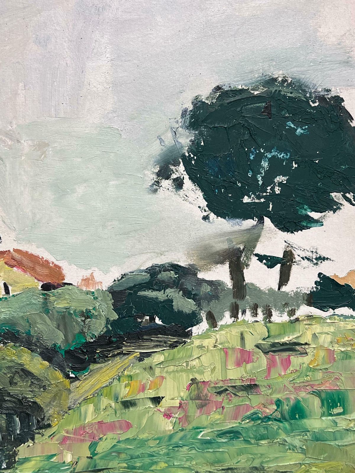 French School1950's French Post Impressionist Oil Painting Green Landscape Village Houses1950's photo for sale