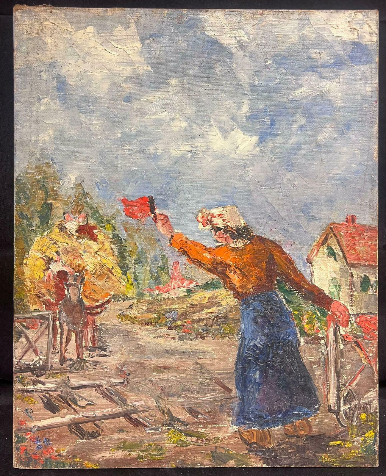 Simone Forgemid 20th Century French Post Impressionist Oil Haycart With Figures In Village1950's photo furniture