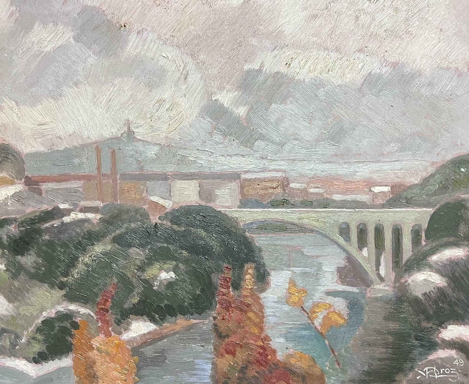 French School1940's French Impressionist Signed Oil Painting Busy Landscape With Bridge1940's photo furniture