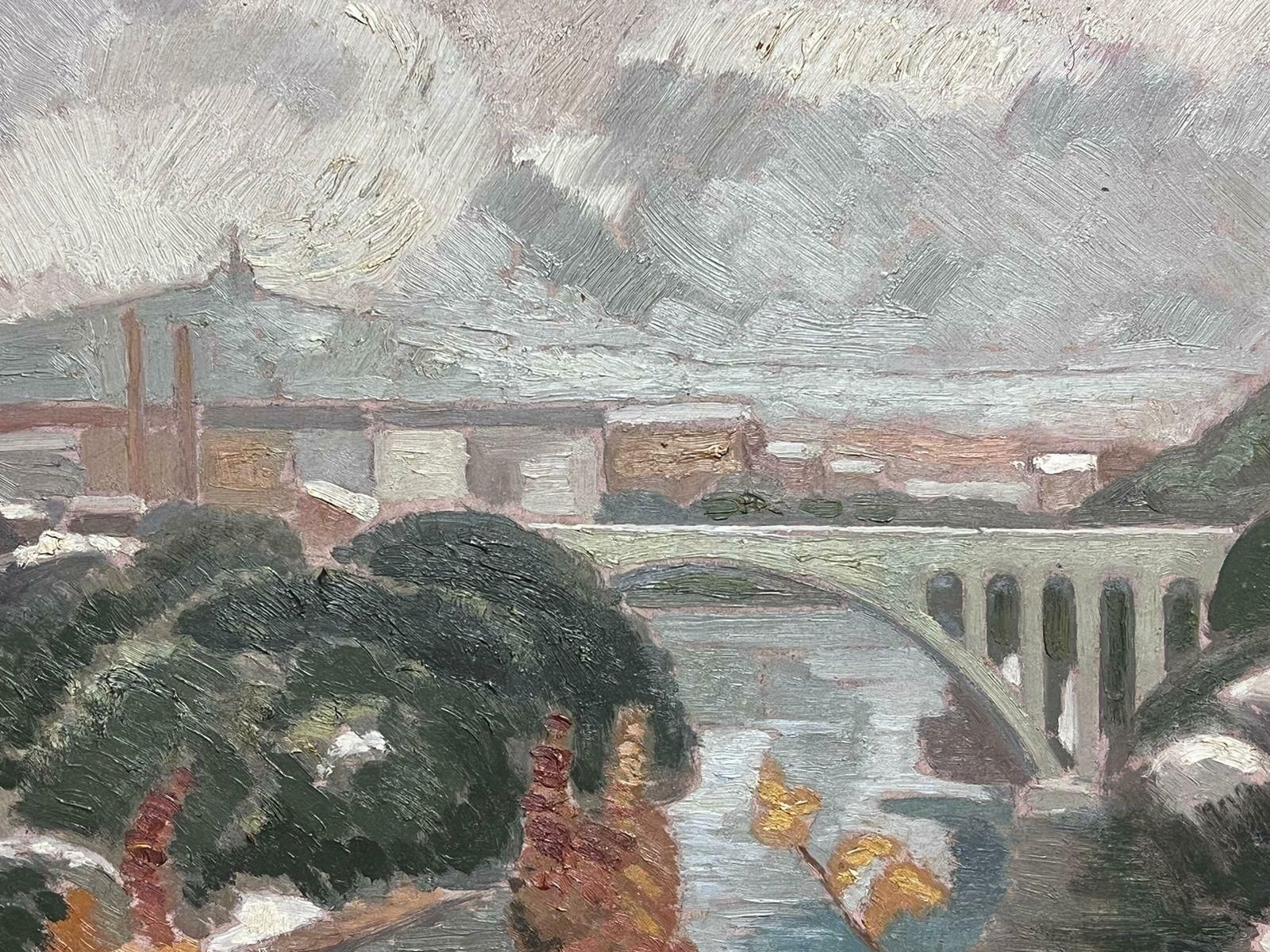French School1940's French Impressionist Signed Oil Painting Busy Landscape With Bridge1940's photo buy