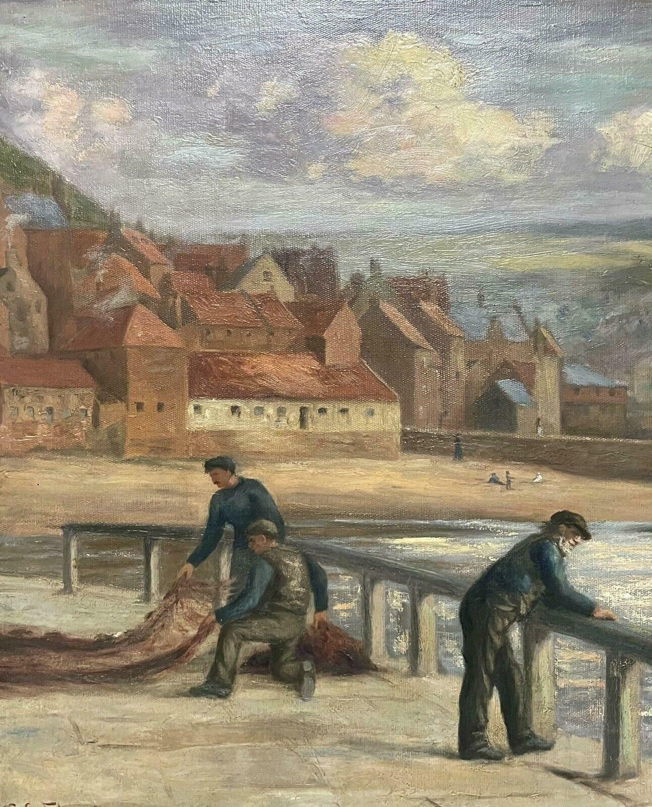 Charles E Flowerdew (British Exh.1885)victorian Signed Oil Painting   Whitby Fishermen Standing On East Pier Harbour photo Art