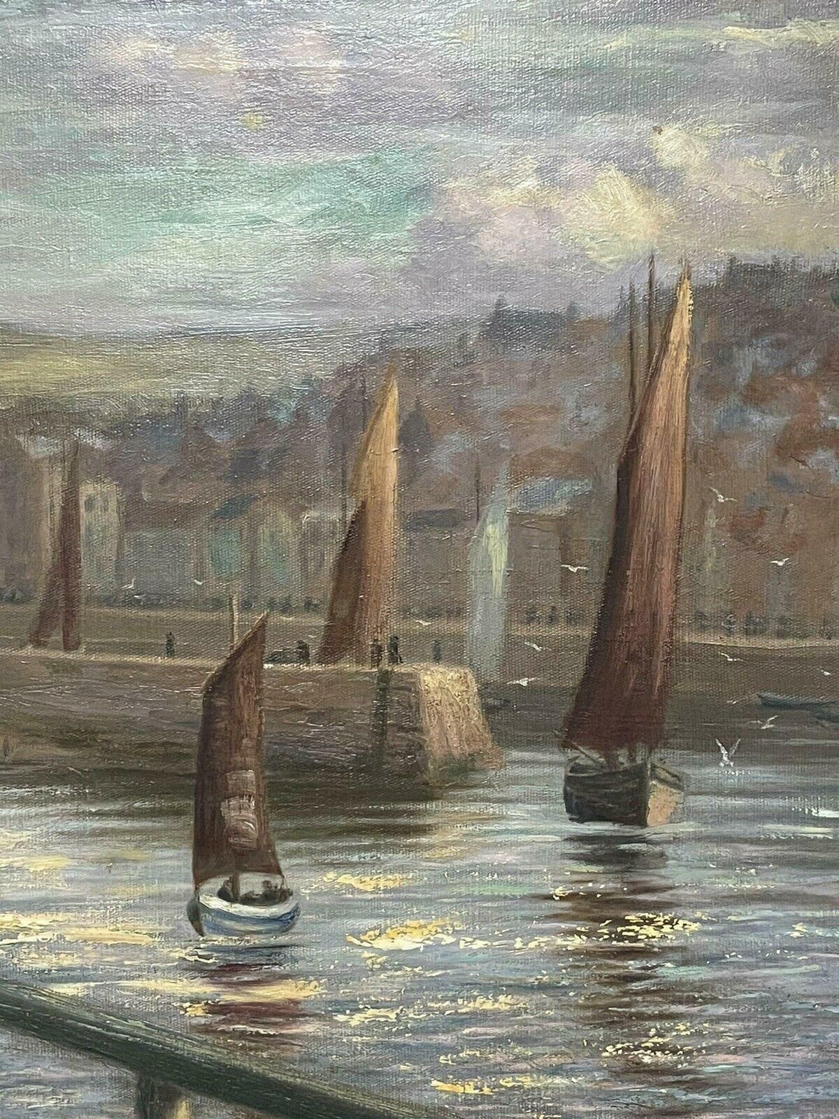 Charles E Flowerdew (British Exh.1885)victorian Signed Oil Painting   Whitby Fishermen Standing On East Pier Harbour photo 1123.0