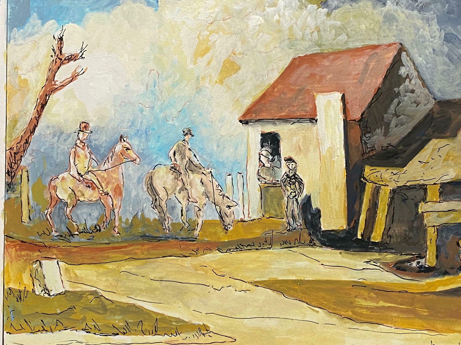 Bernard Labbe1950's French Modernist Painting Signed   Figures On Horseback In Village1950's photo furniture