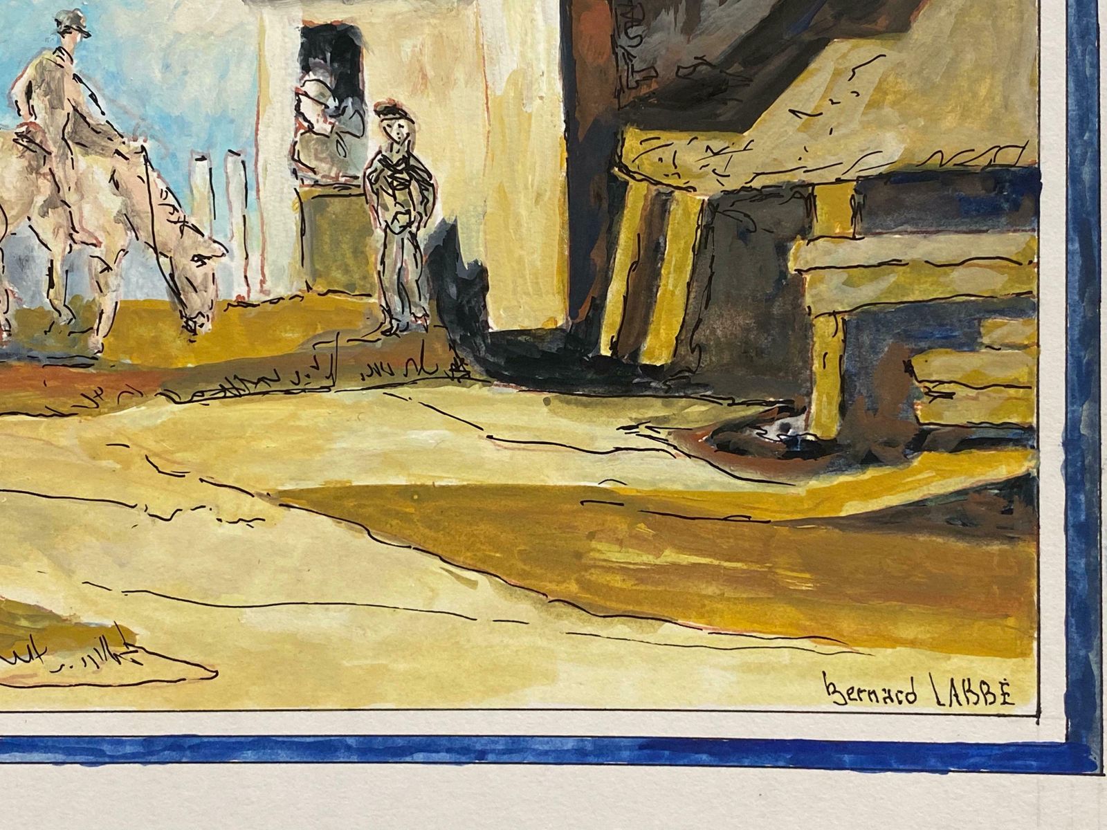 Bernard Labbe1950's French Modernist Painting Signed   Figures On Horseback In Village1950's photo Art