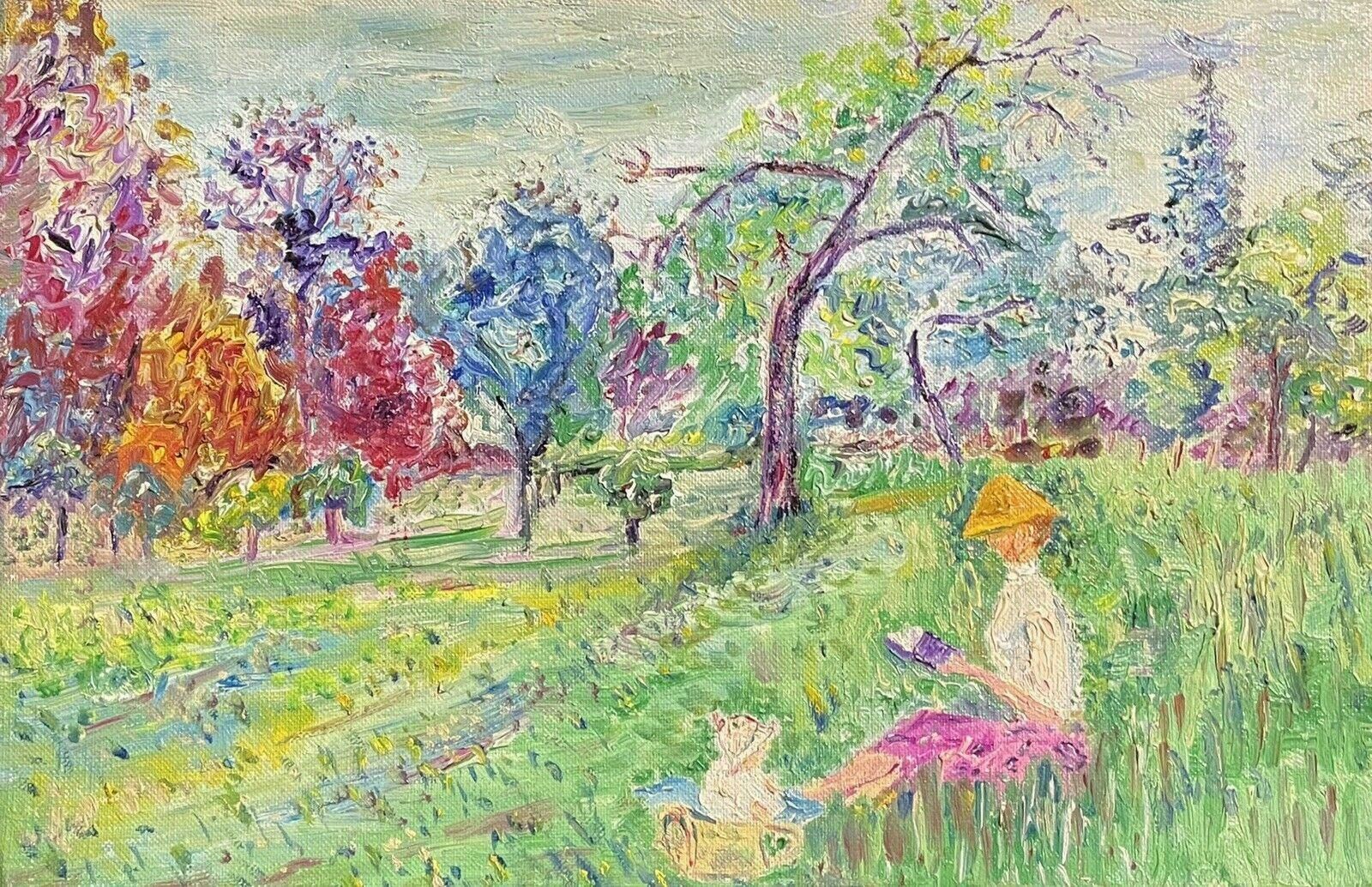 Unknownmid 20th Century French Impressionist Oil   Lady Seated In Long Grass Fieldmid 20th Century