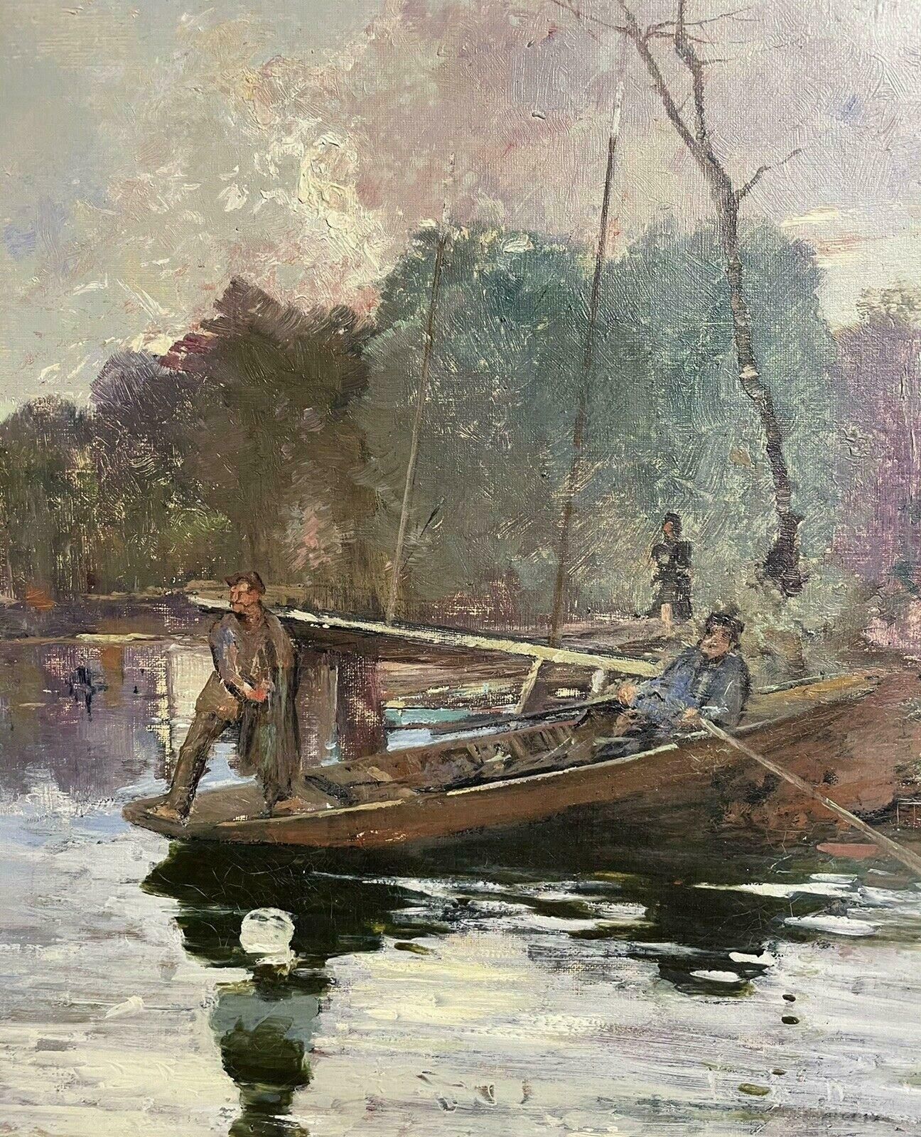 Unknown1930's French Impressionist Signed Oil   Fishermen On Wooden Punt On Riverc. 1930s photo 506.0